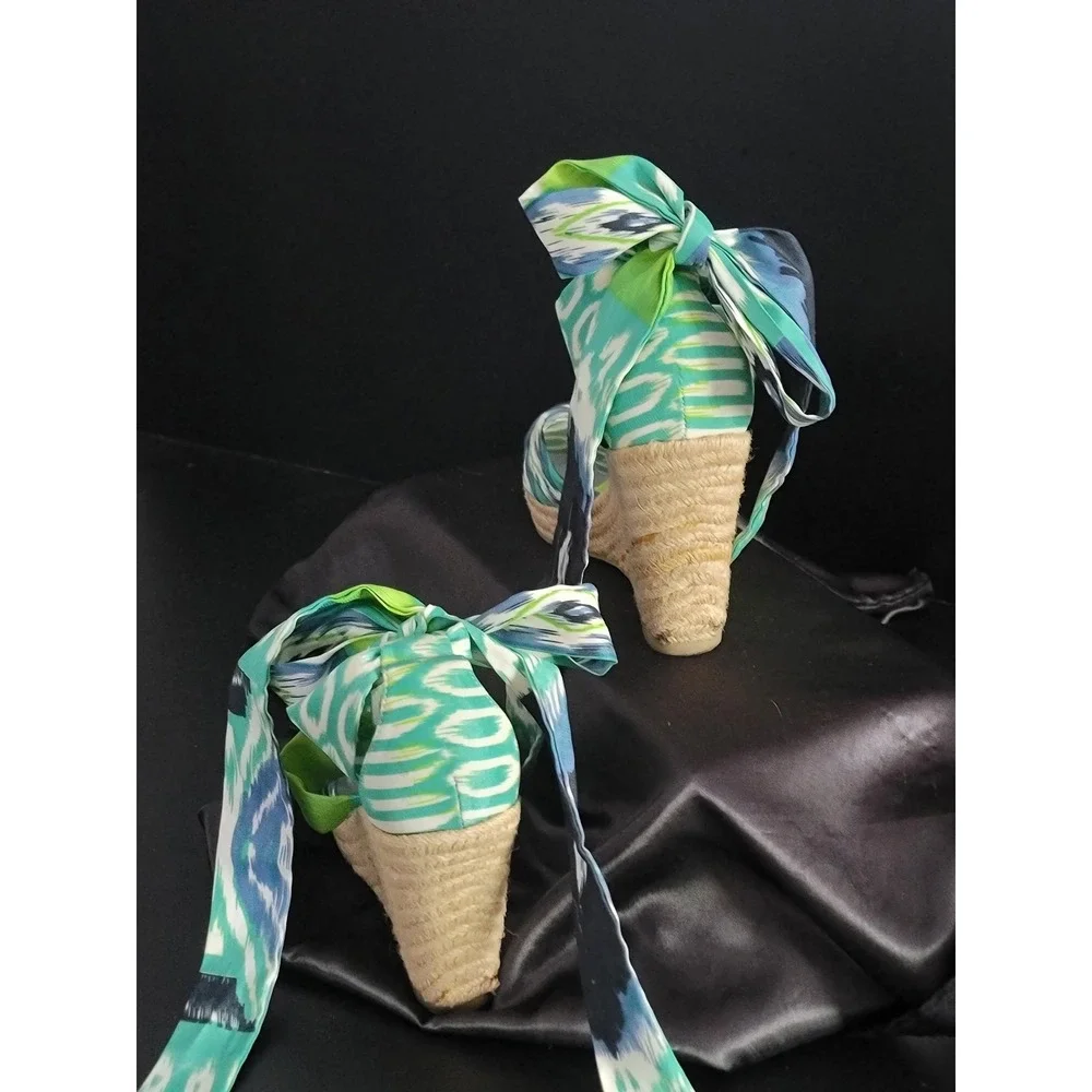 Impo Ikat Print Espadrille Wedge Sandals Green Blue Ankle Tie Straps Womens 8.5